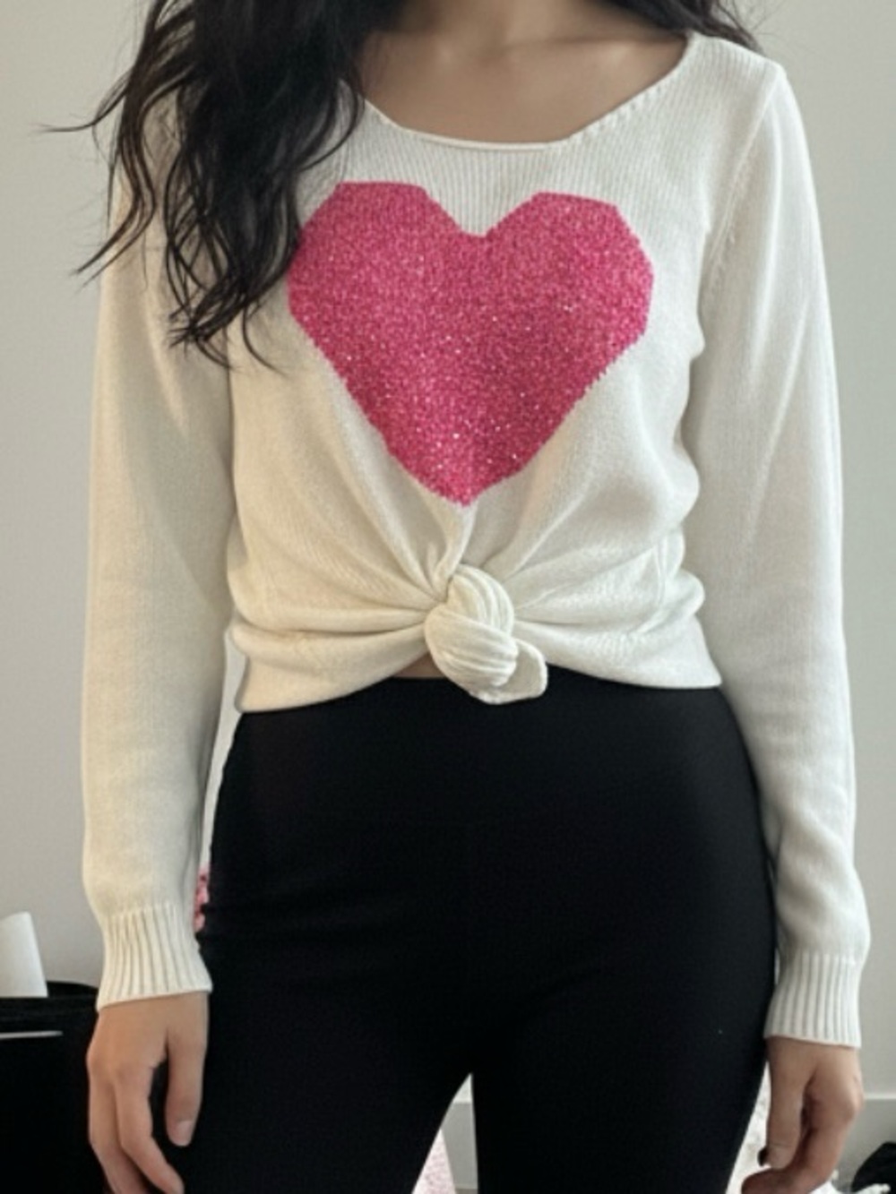 White Sweater with Pink Heart Graphic